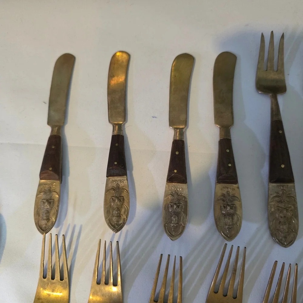 Vintage Siam Bronze Wood Flatware Set 28pc Thai Deity Brass Mid Century Modern‎